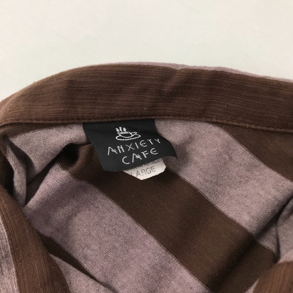 Anxiety Café  Collard Top Brown Stripes Sz Lg - Picture 2 of 4